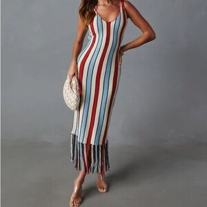 Vici Jane Striped Knit Fringe Midi Dress